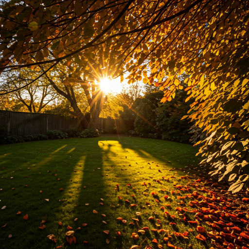 peaceful backyard garden at sunset with golden light filtering through autumn leaves
