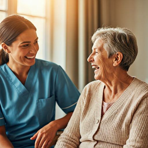 warm portrait of an elderly woman laughing with a young professional caregiver in a sunlit living room setting